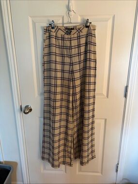 Nasty Gal Beige Plaid Wide Leg Trousers with black Check